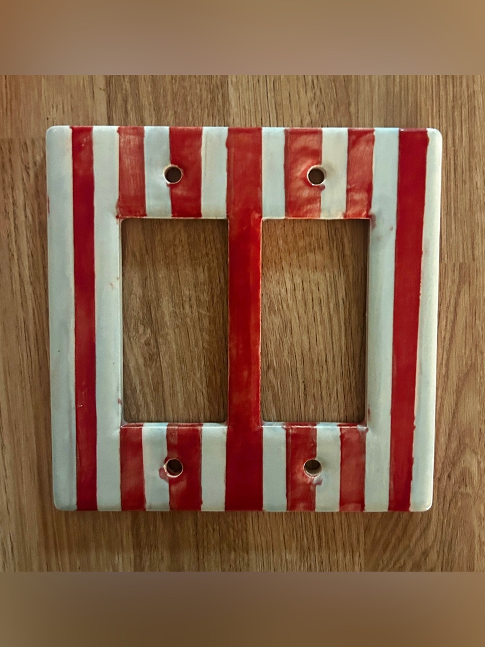 Hand Painted Glazed Ceramic Double Rocker Switch Plate Cover | Red, Blue Stripes